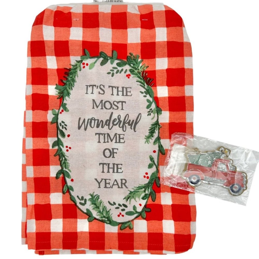 Primitives by Kathy Set Dish Towel and Ornament Red White Most Wonderful NWT